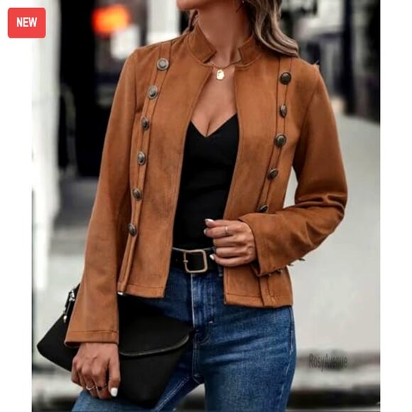 Faux Suede Leather Jacket Cropped Blazer Slim Waist Long Sleeve - Picture 2 of 5